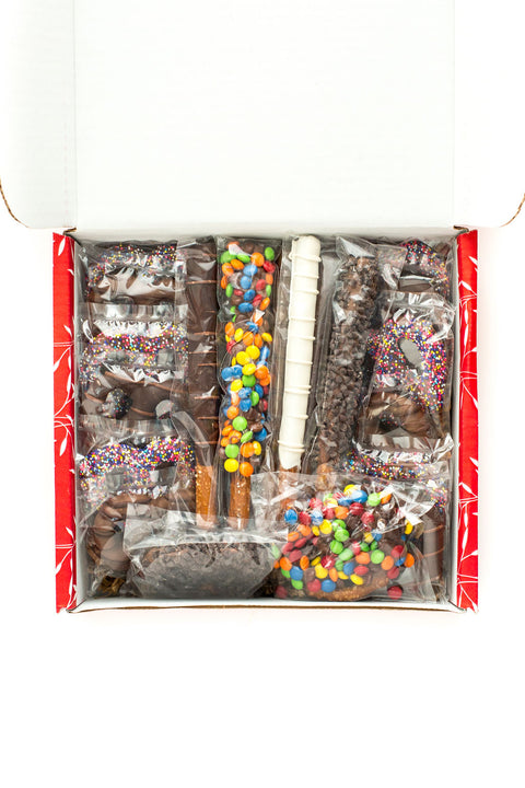 Chocolate Pretzel Passion Gift Box with milk, dark, and white chocolate-covered gourmet pretzels topped with colorful candied gems.