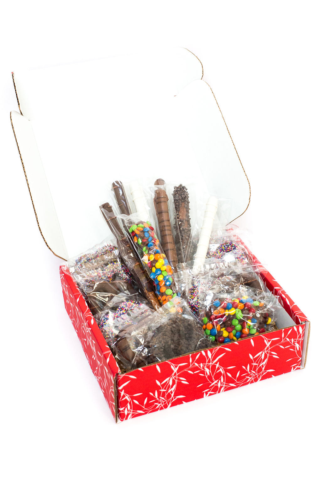Chocolate Pretzel Passion Gift Box with 22 gourmet pretzels dipped in milk, dark, and white chocolate, in red festive packaging.