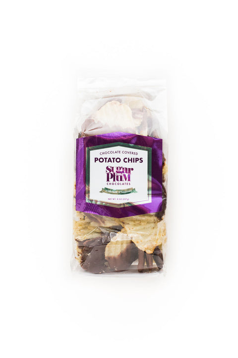 Bag of chocolate-covered potato chips by Sugar Plum, showcasing milk and dark chocolate coating.