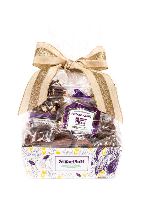 Sugar Plum Chocolate Mountain Gift Basket with Big Gold Ribbon