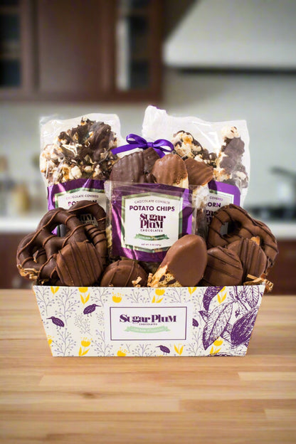 Chocolate Mountain Gift Basket by Sugar Plum with handcrafted chocolate-covered snacks, perfect for holidays and special occasions.