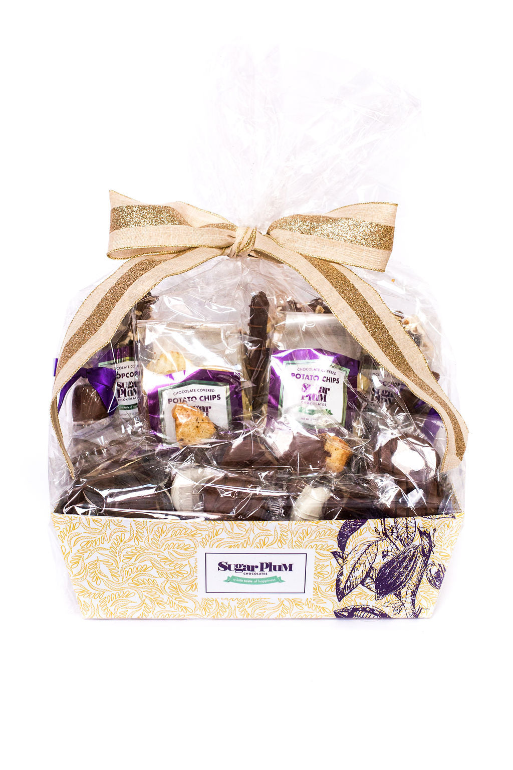 Luxurious Sugar Plum Kilimanjaro 40-piece gourmet chocolate gift basket with decorative bow, perfect for special occasions.