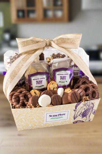 Luxurious Chocolate Kilimanjaro Gift Basket with 40-Piece Gourmet Assortment by Sugar Plum for Special Occasions and Gifting