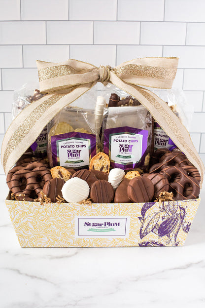 Chocolate Kilimanjaro Gift Basket with gourmet treats, including chocolate-covered snacks, perfect for special occasions by Sugar Plum.