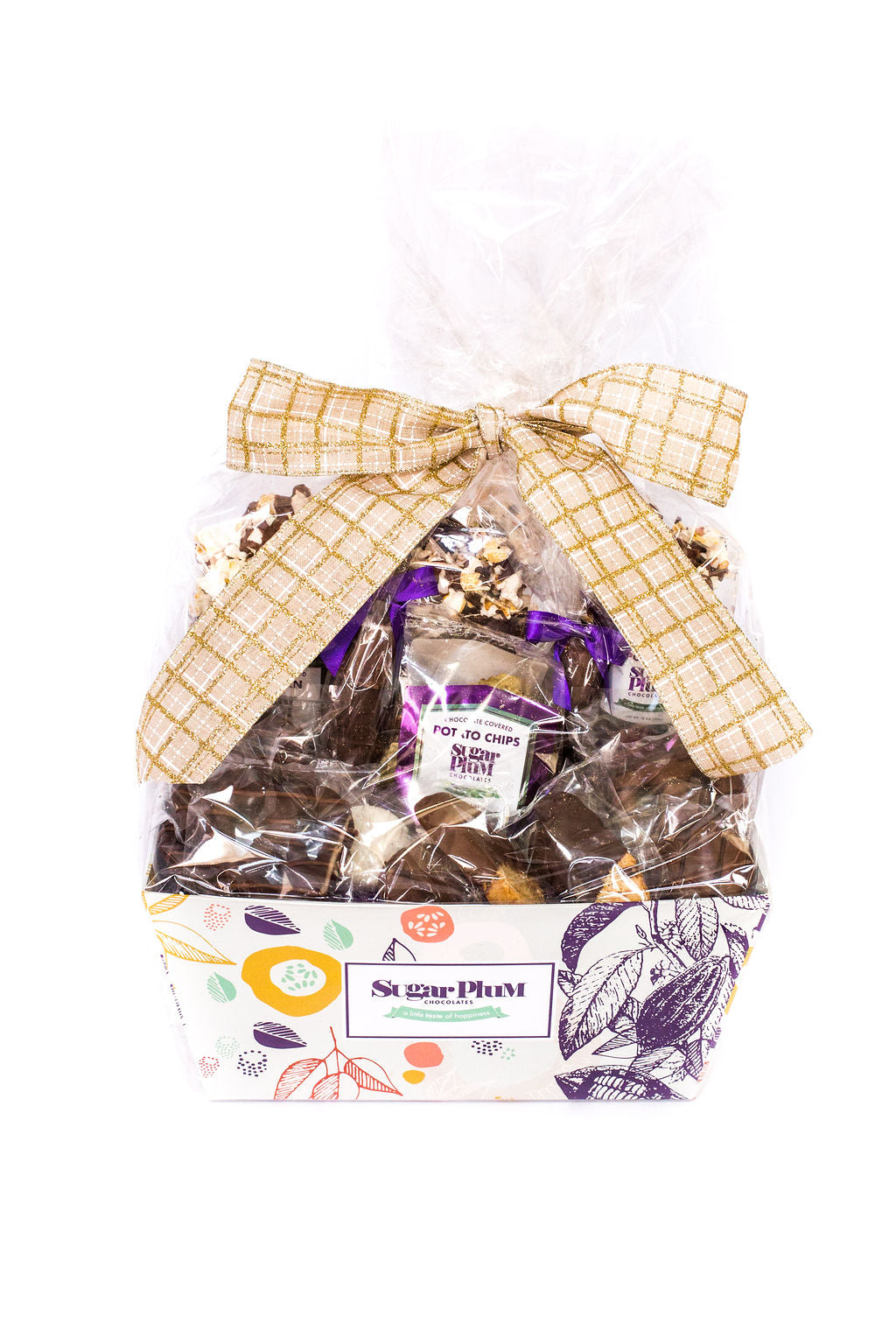 Sugar Plum Chocolate Matterhorn Gift Basket with a bow, featuring an assortment of handcrafted milk, dark, and white chocolate snacks.
