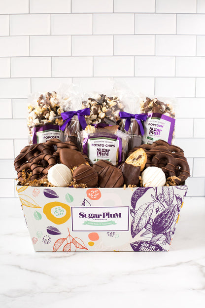 Gourmet Chocolate Gift Basket with Assorted Milk, Dark, and White Chocolate Treats by Sugar Plum, Perfect for Special Occasions