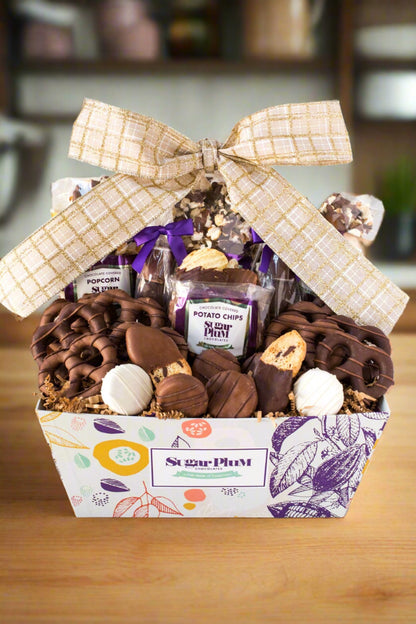 Chocolate Matterhorn Gift Basket by Sugar Plum with 25-piece gourmet chocolate-covered snacks, perfect for holidays and special occasions.