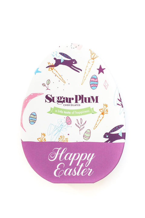 The image displays the egg-shaped packaging of  Sugar Plum Chocolates with a note, "Happy Easter"