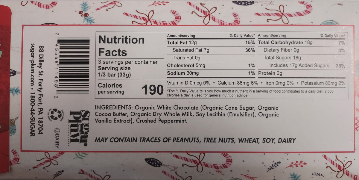 Candy Cane Bar Nutrition and Ingredient Label photo