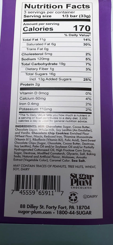 Milk and Cookies Bar Nutrition and Ingredient Label photo