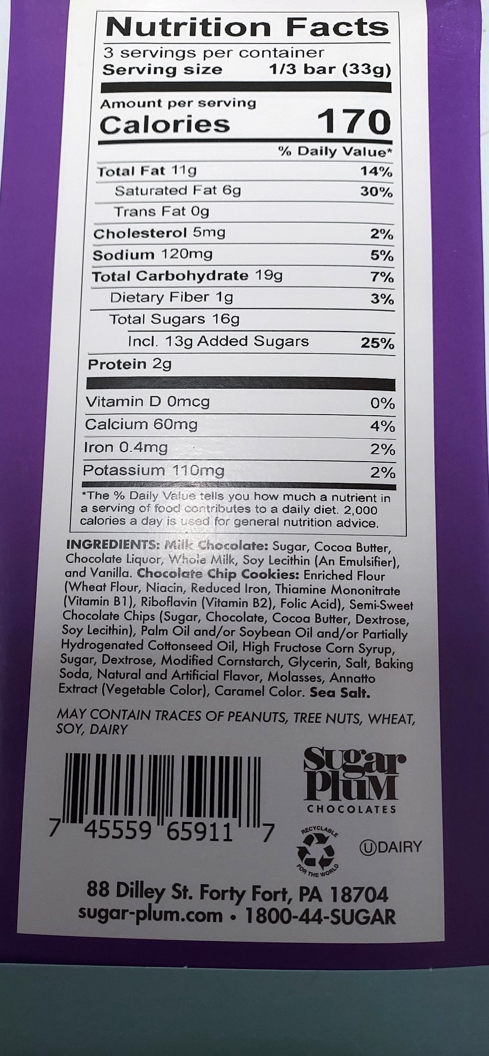 Nutrition facts label of Sugar Plum Nostalgic Chocolate Bars, detailing calorie count, ingredients, and allergy information.