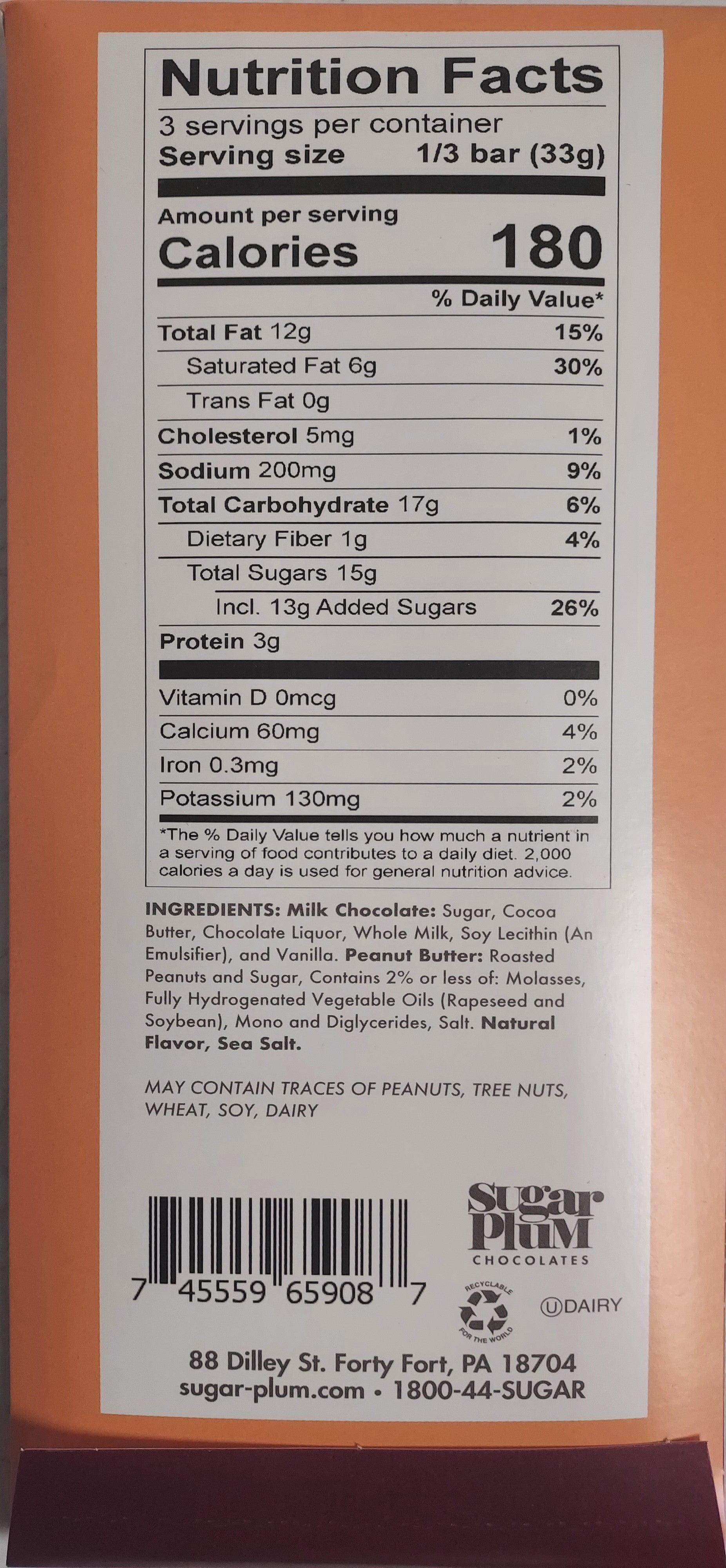 "Nostalgic Chocolate Bar nutrition facts and ingredients label, detailed information on calories, fats, sugars, and allergens."