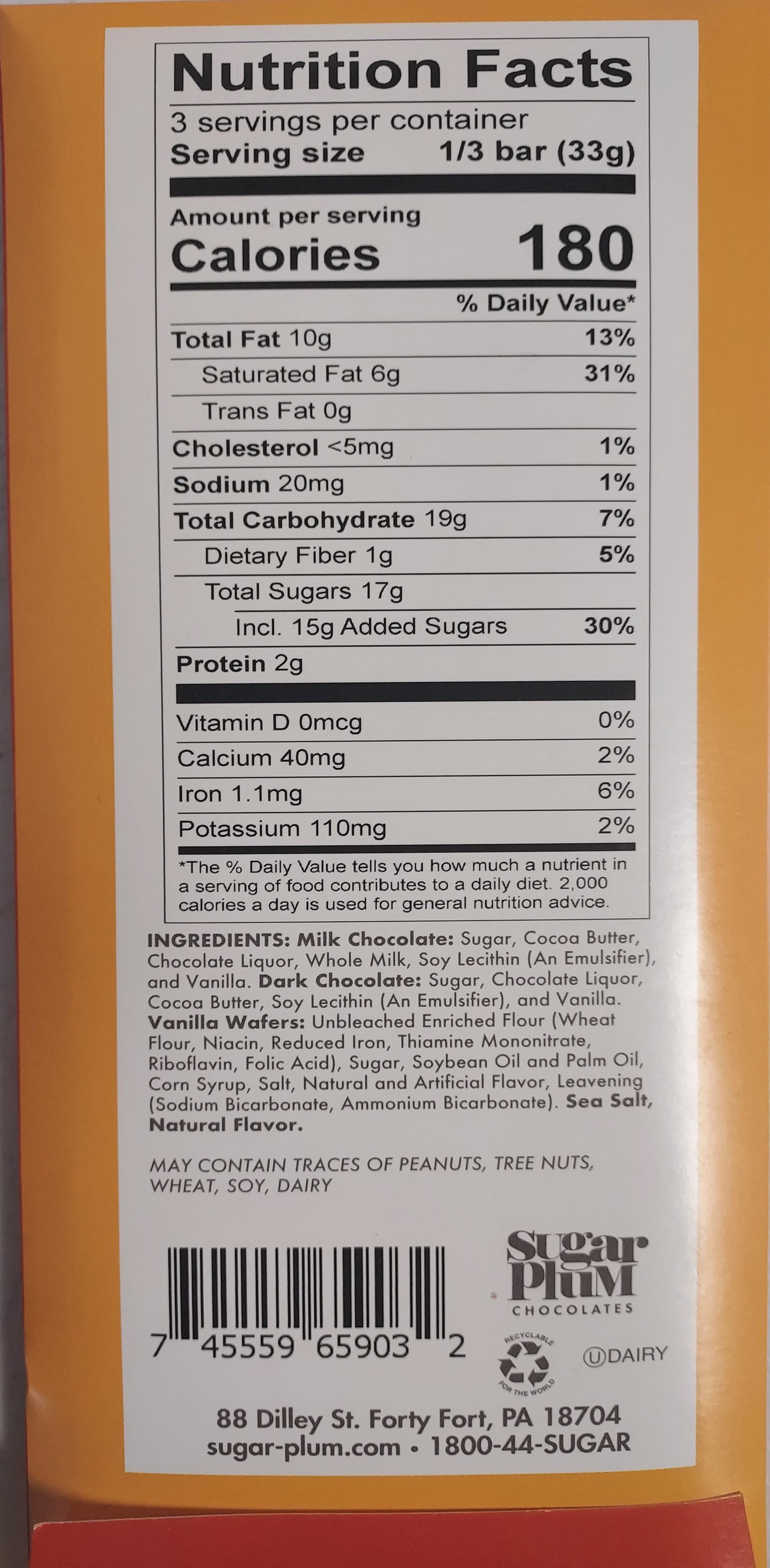 Nutrition facts label for Sugar Plum's Nostalgic Chocolate Bars, detailing calories, fats, sugars, protein, and ingredients.