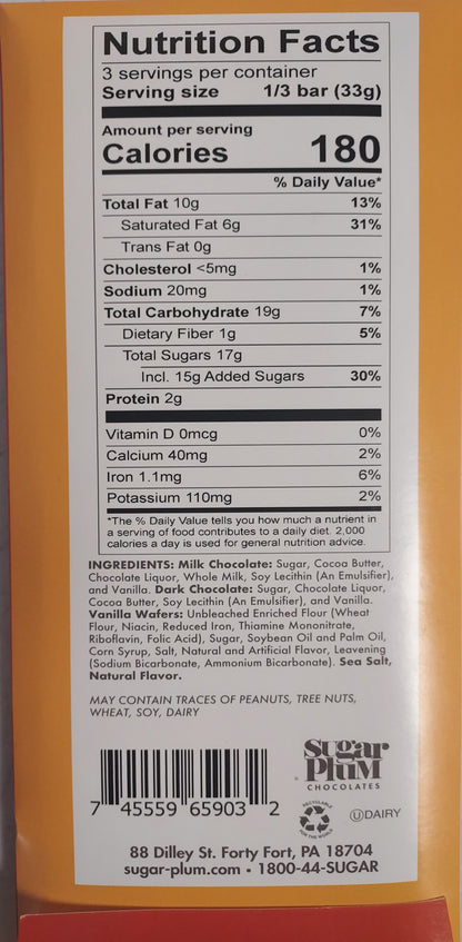 Nutrition facts label for Sugar Plum's Nostalgic Chocolate Bars, detailing calories, fats, sugars, protein, and ingredients.