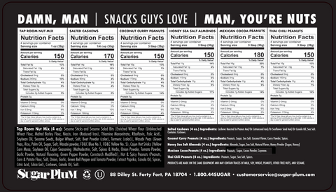 "Manly Nut Box nutrition facts for assorted nut flavors including Tap Room Mix, Salted Cashews, and Coconut Curry Peanuts."