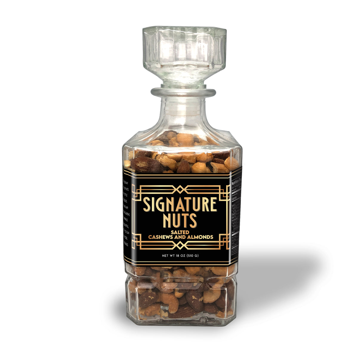 18oz of Signature Salted Cashew and Almonds in Glass Decanter.
