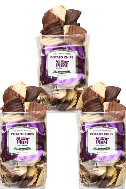 Three bags of Sugar Plum's chocolate covered potato chips