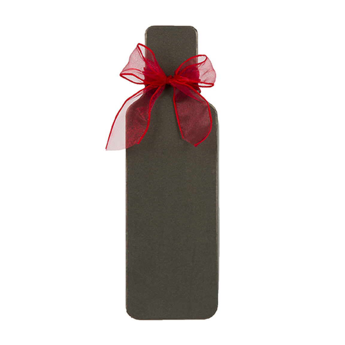 Wine bottle-shaped truffle box with red ribbon, ideal gift for chocolate and wine lovers.