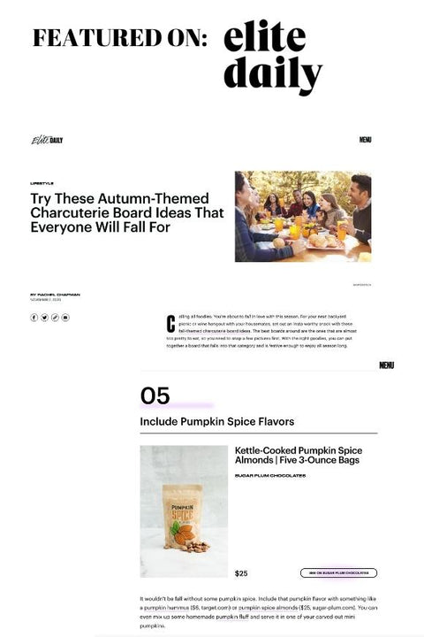 "Kettle-Cooked Pumpkin Spice Almonds featured in Elite Daily autumn charcuterie board article"